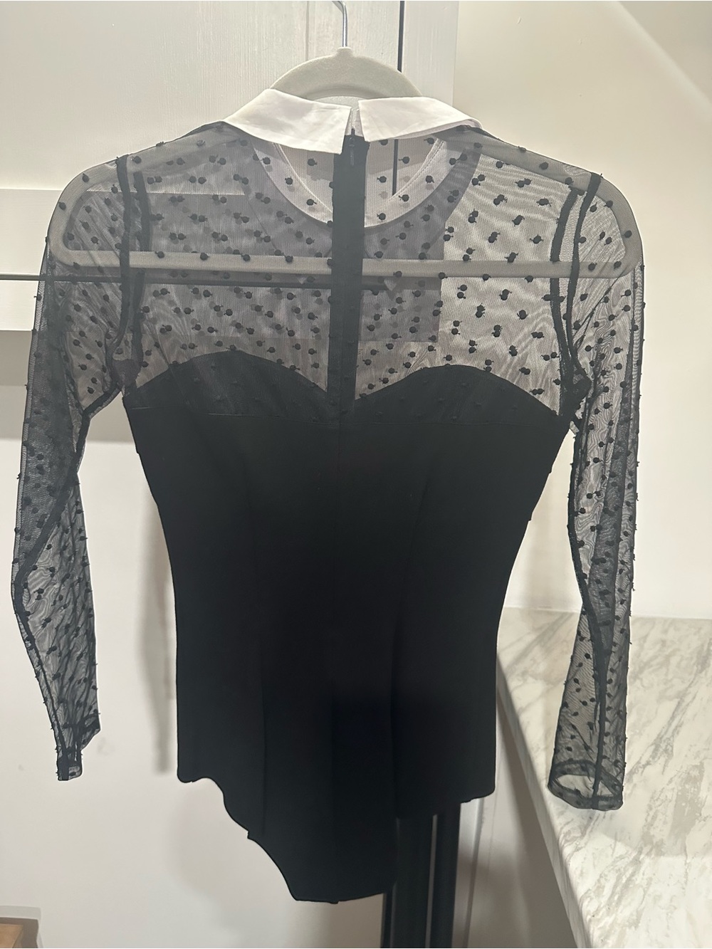Fleur du Mal Black Sheer Polka Dot Bodysuit with White Collar - Picture 2 of 3